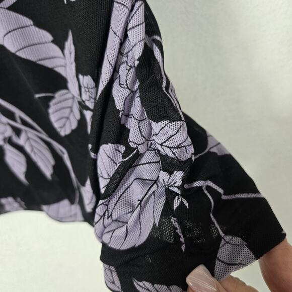 VTG Worthington Babydoll Top XL Black Purple Floral Surplice Neck Ruched Sides - Picture 6 of 14